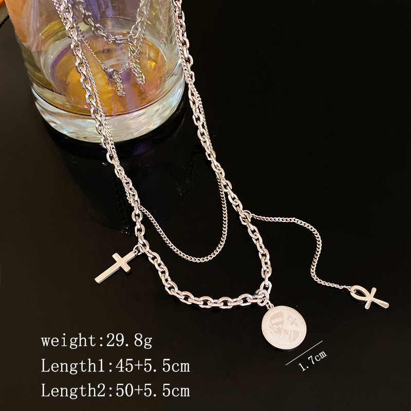 Layered Titanium Steel Round Cross Pendant Necklace Geometric Plated Chain for Men and Women