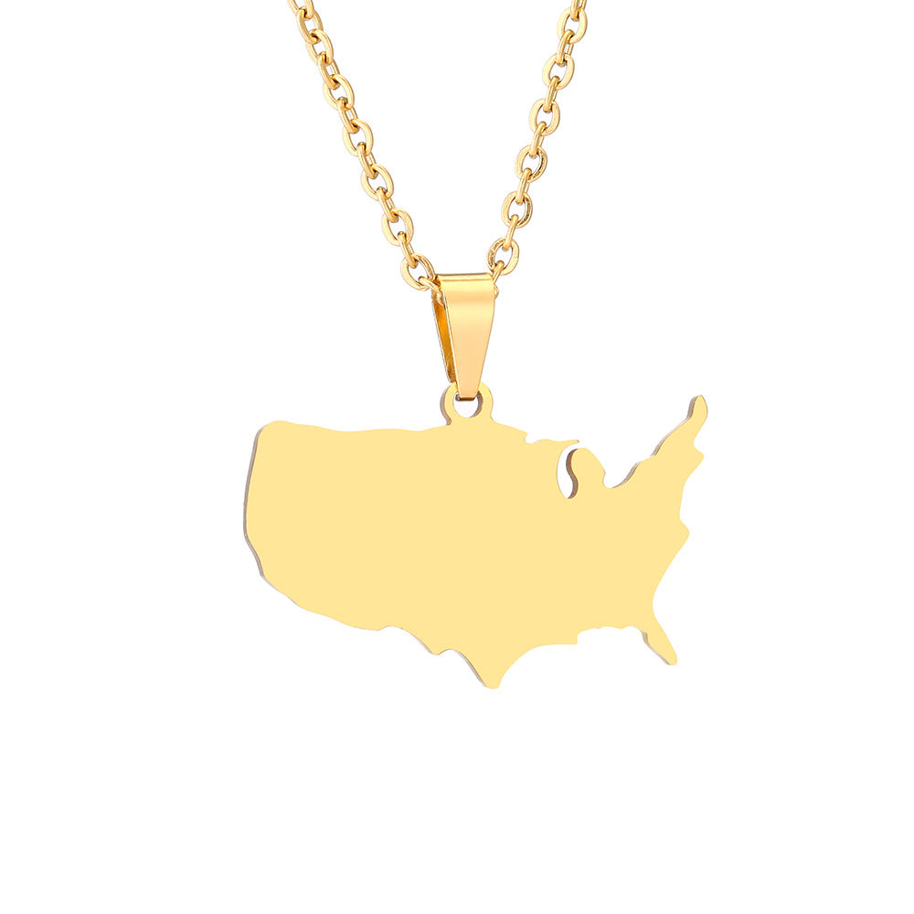 Geometric American Map Pendant Necklace in Stainless Steel with Titanium Steel Charm and Electroplated Finish for Unisex Fashion Wear