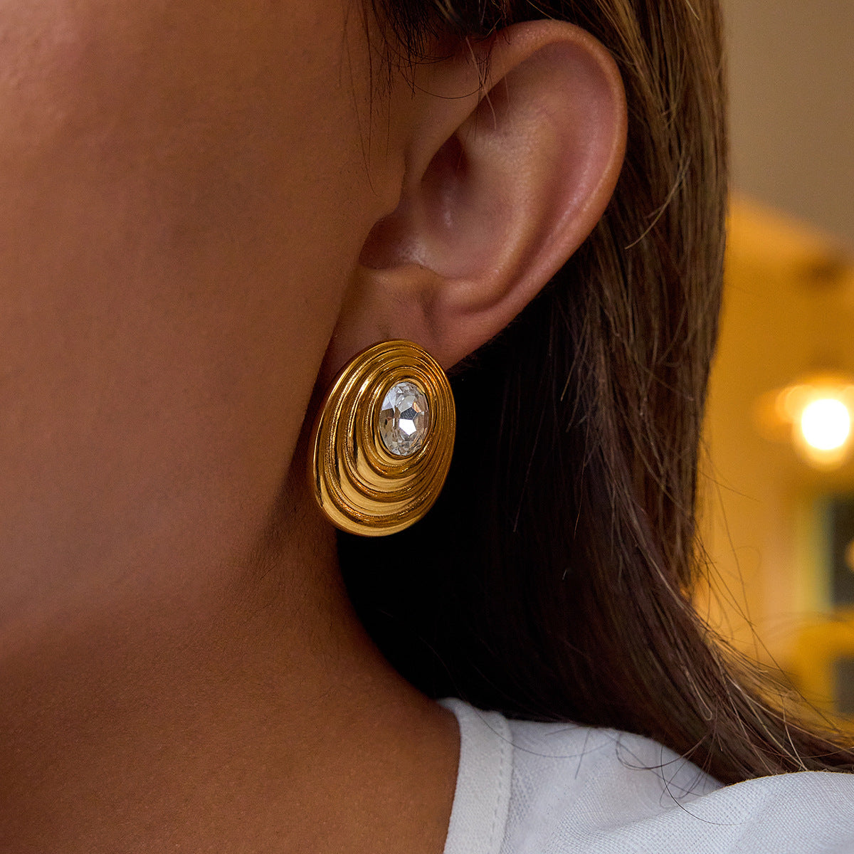 Pendientes de botón geométricos de acero inoxidable con incrustaciones de circonitas chapados para mujer, joyería de moda de lujo hipoalergénica
