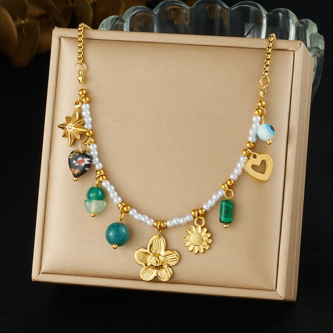 Vintage Gold Plated Heart Camellia Turquoise Stainless Steel Necklace Box Chain