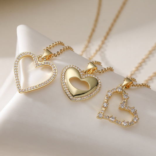 Minimalist 18K Gold Plated Brass Heart Cubic Zirconia Pendant Necklace for Women