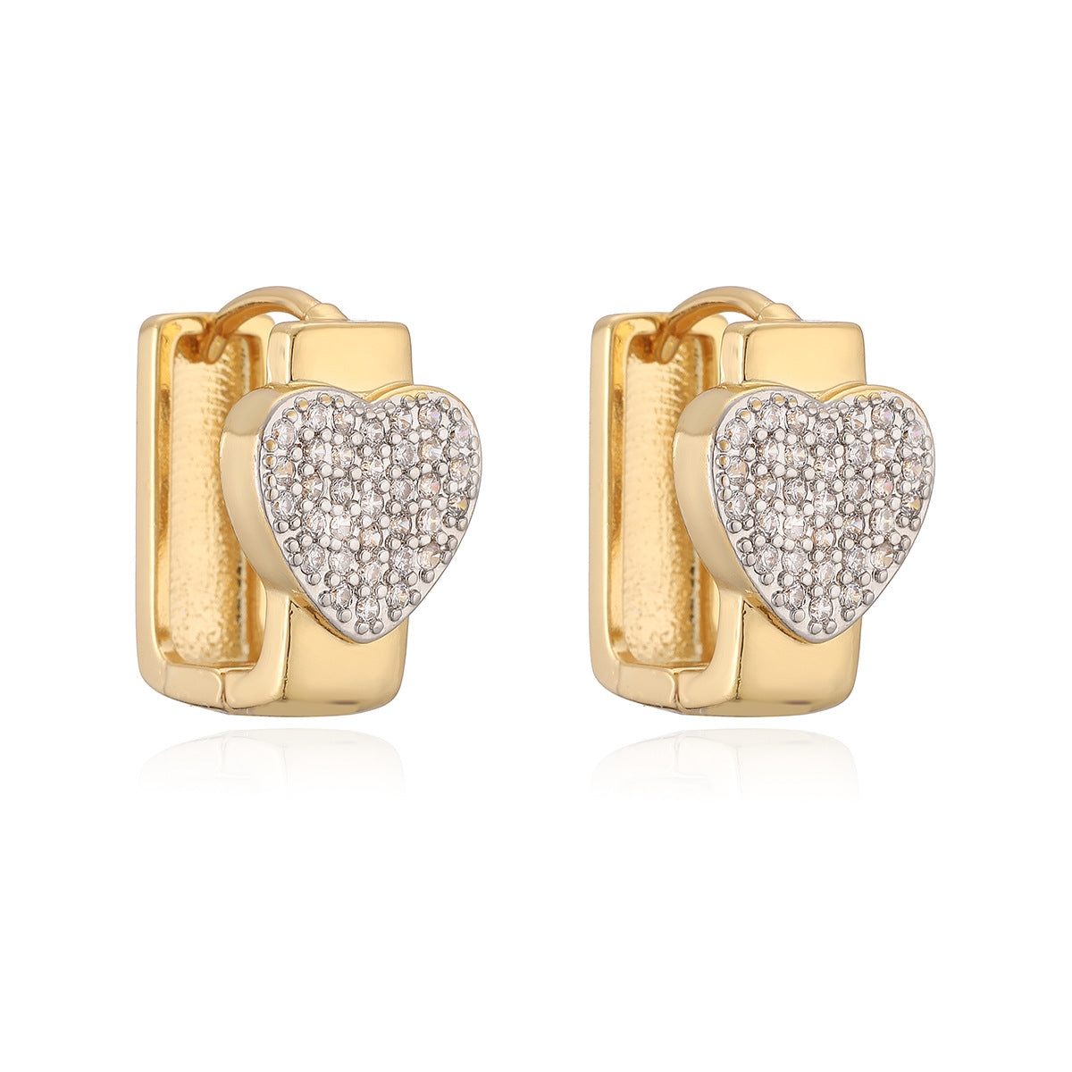 Minimalist 18K Gold Plated Brass Geometric Heart Earrings with Cubic Zirconia for Women