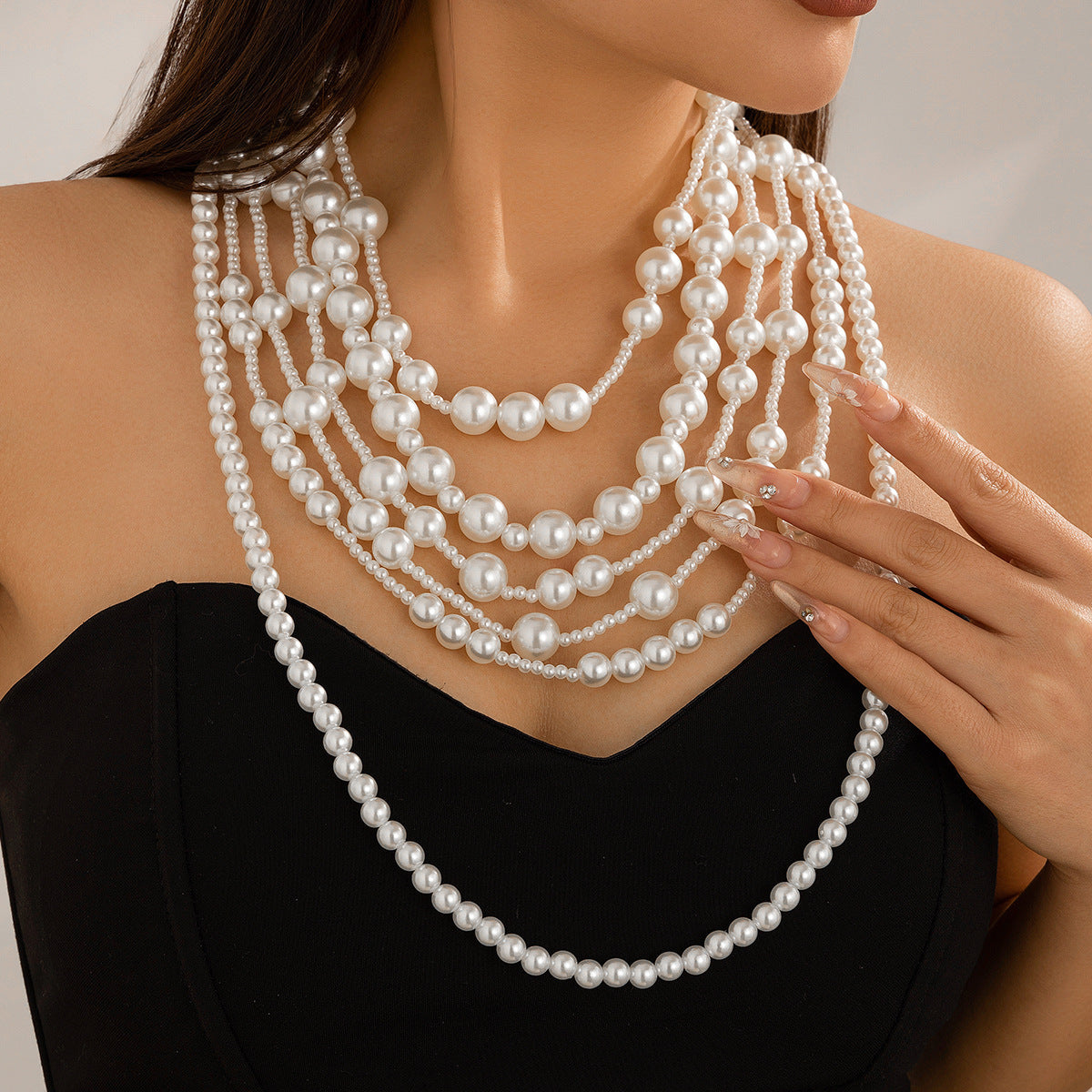 Collana da donna vintage elegante con perle finte a goccia geometriche, placcata, con catena a più strati