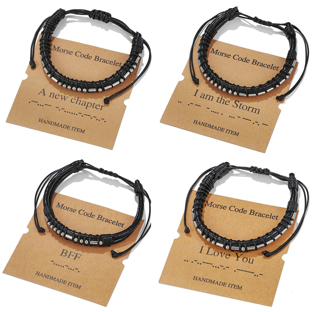 Morse Code Letter Number Stainless Steel Leather Bracelet Unisex