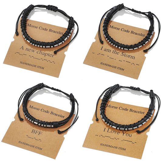 Morse Code Letter Number Stainless Steel Leather Bracelet Unisex