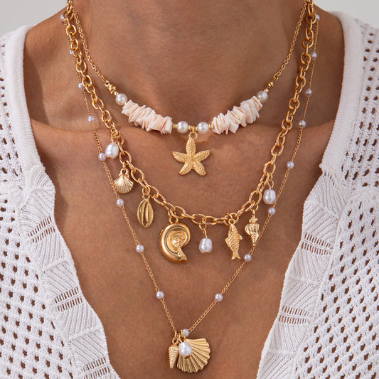Vacation Style Star and Seashell Pendant Necklace with Alloy Charm and Simulated Pearl Beads on Delicate Clavicle Chain