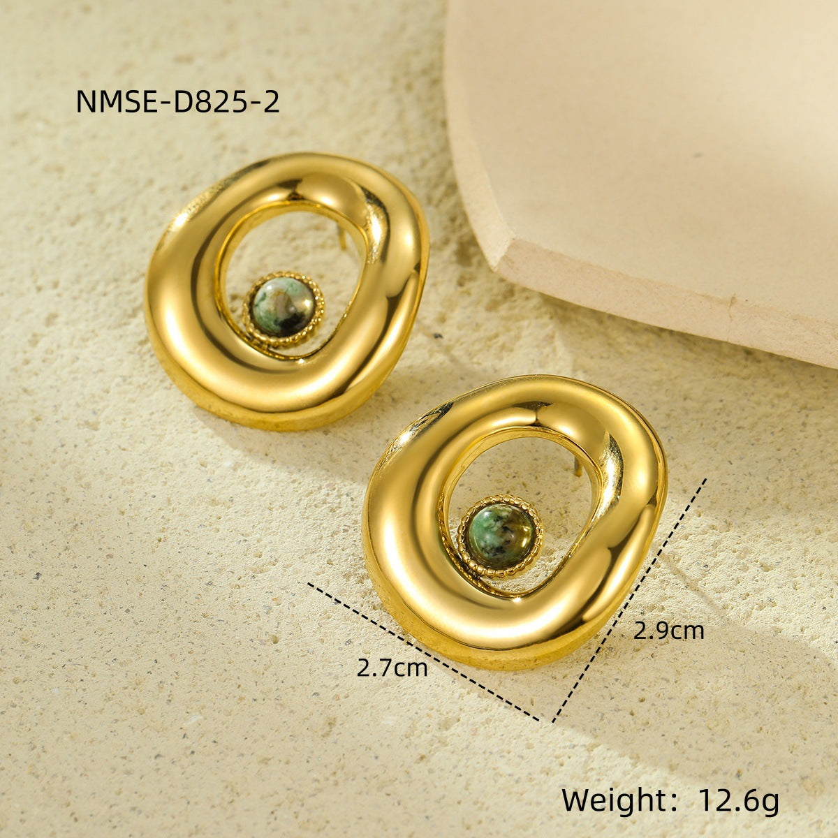Pendientes de mujer de estilo francés vintage con forma geométrica irregular redonda calada en acero de titanio con incrustaciones de piedra natural y acabado chapado