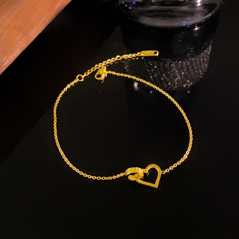 Minimalist Titanium Steel Plated Heart Double Ring Bracelet for Women