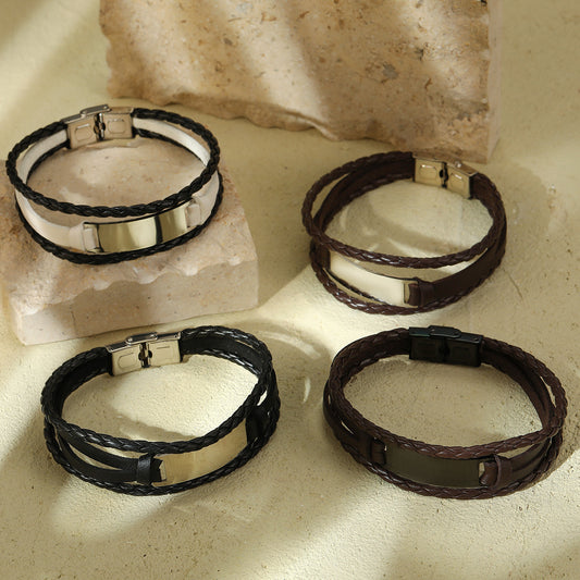 Pulsera de Cuero Trenzado de Acero Inoxidable y Titanio con Acabado Pulido y Grabado, Diseño Geométrico Minimalista para Mujer