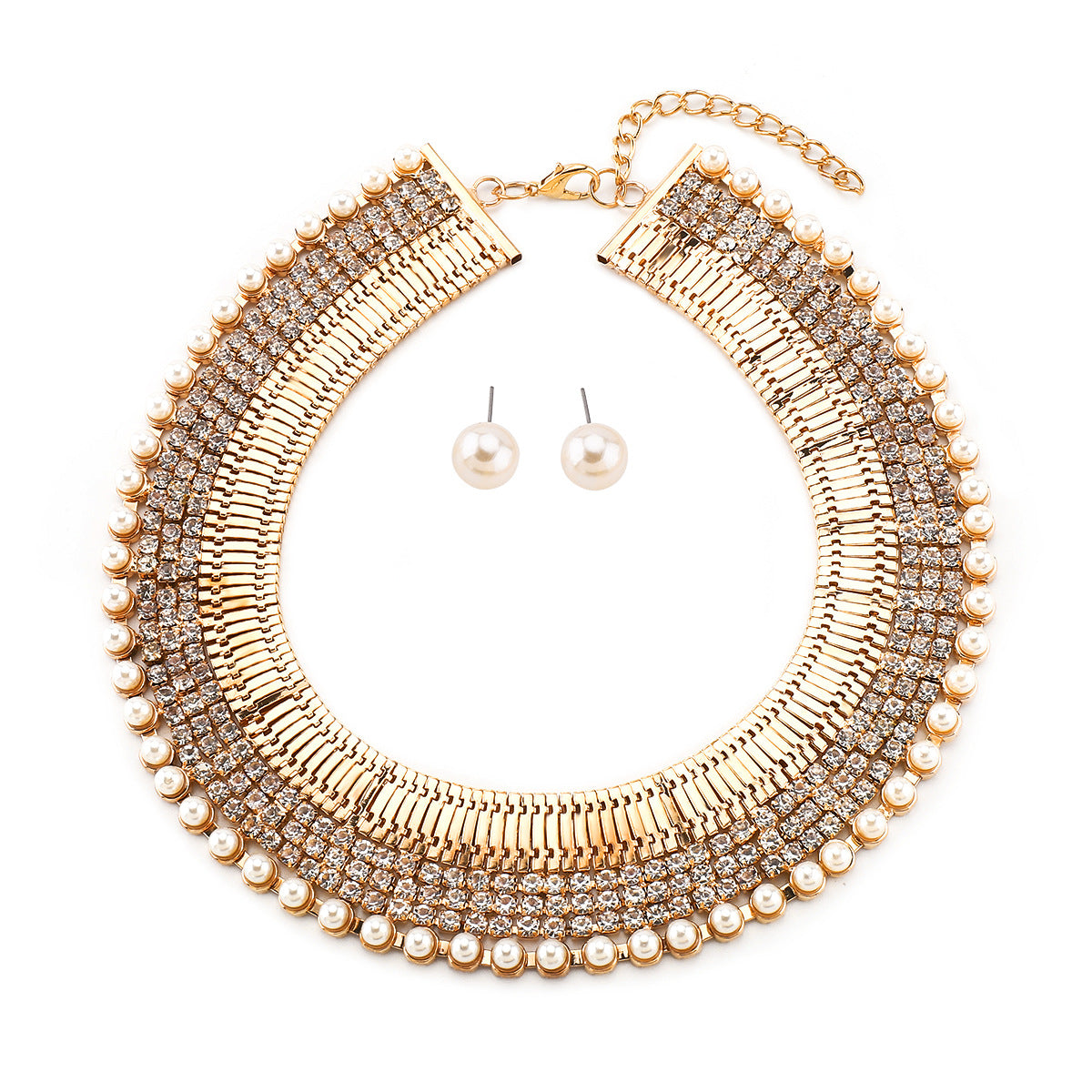Parure di collana con ciondolo geometrico di lusso da donna, con intarsio di strass, base in ferro con accenti di perle simulate, modello a catena clavicola
