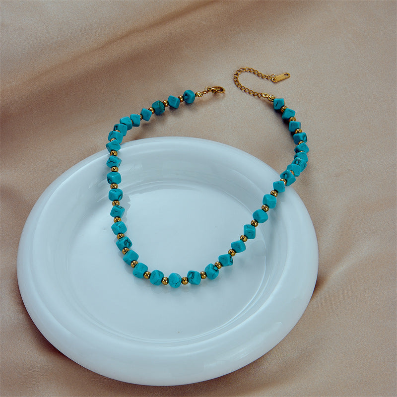 Vintage-Inspired Geometric Turquoise Beaded Braided Necklace in Titanium Steel with Plated Finish for Women