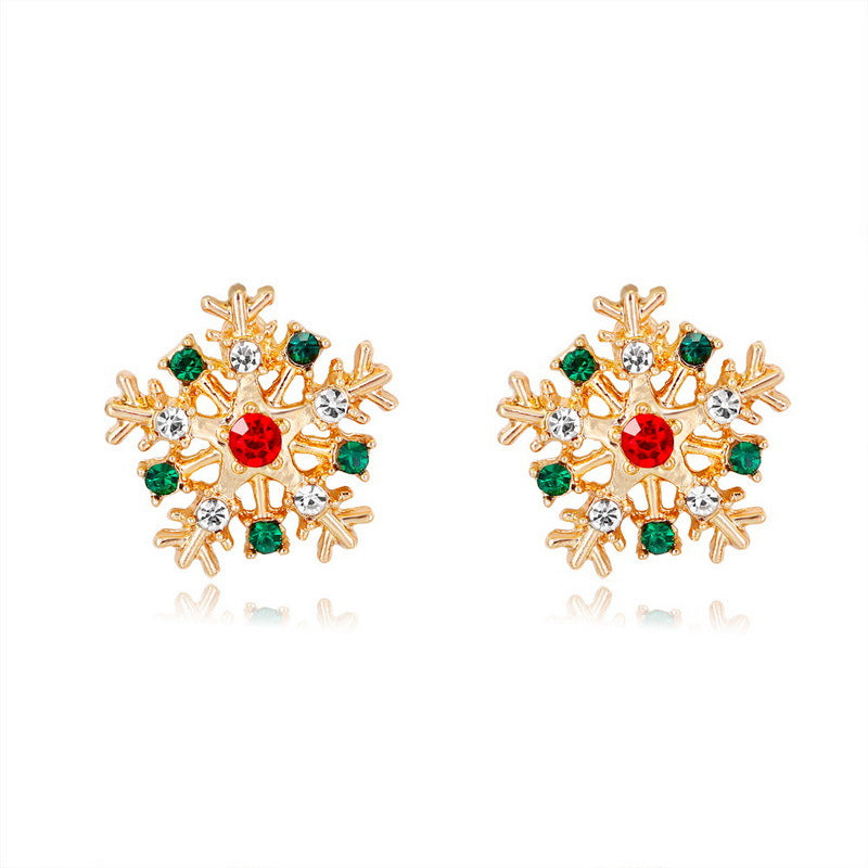 Pendientes de copo de nieve navideños de moda para mujer con incrustaciones de diamantes de imitación y baño de oro en forma geométrica