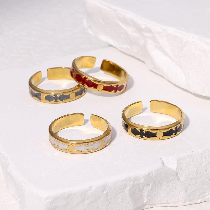 Vintage Stainless Steel Adjustable Ring with 18K Gold Plating and Enamel Finish for Women