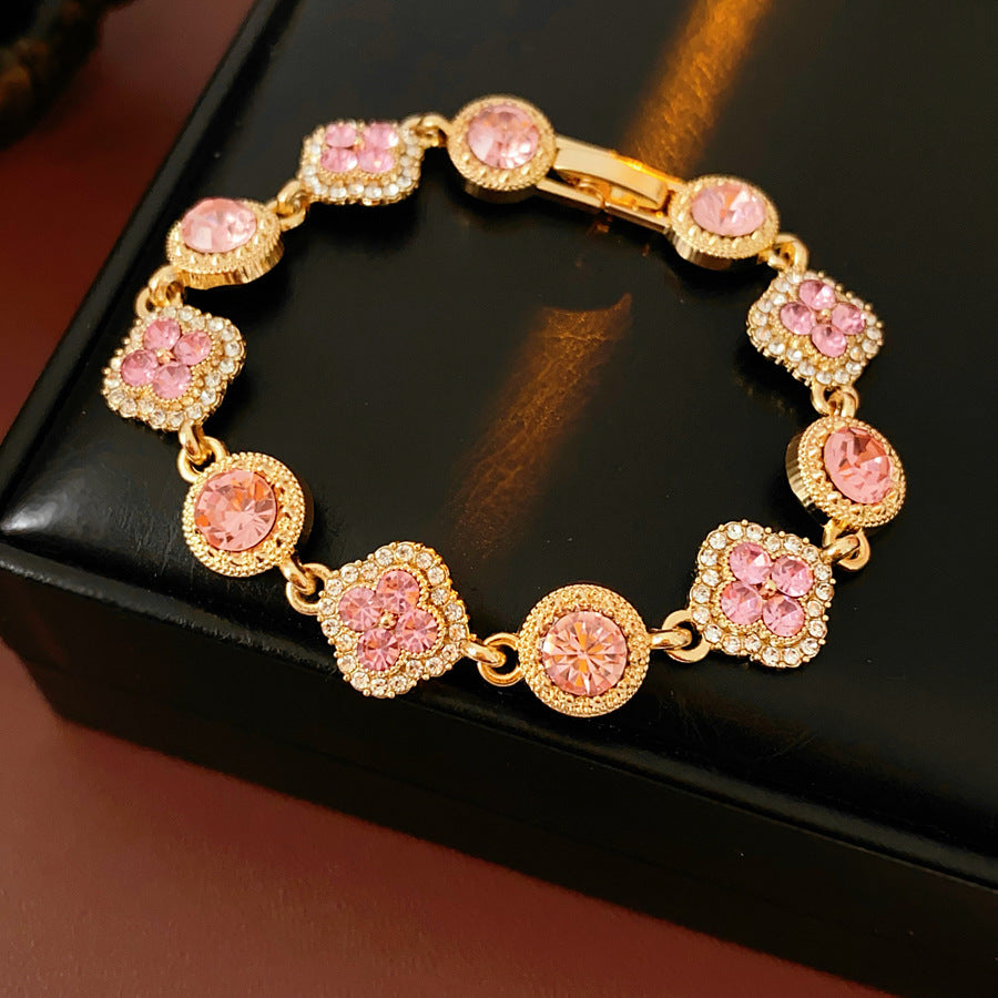 Vintage Floral Rhinestone Inlay Brass Bracelet for Women