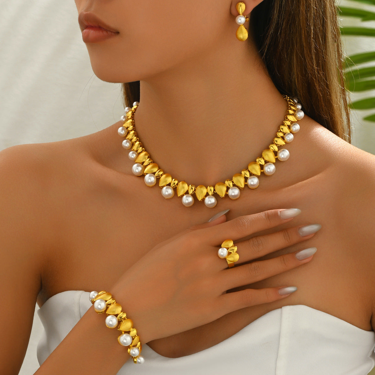 Minimalist Geometric Pearl Pendant Necklace Set with Earrings and Ring for Women Zinc Alloy Luxury Jewelry
