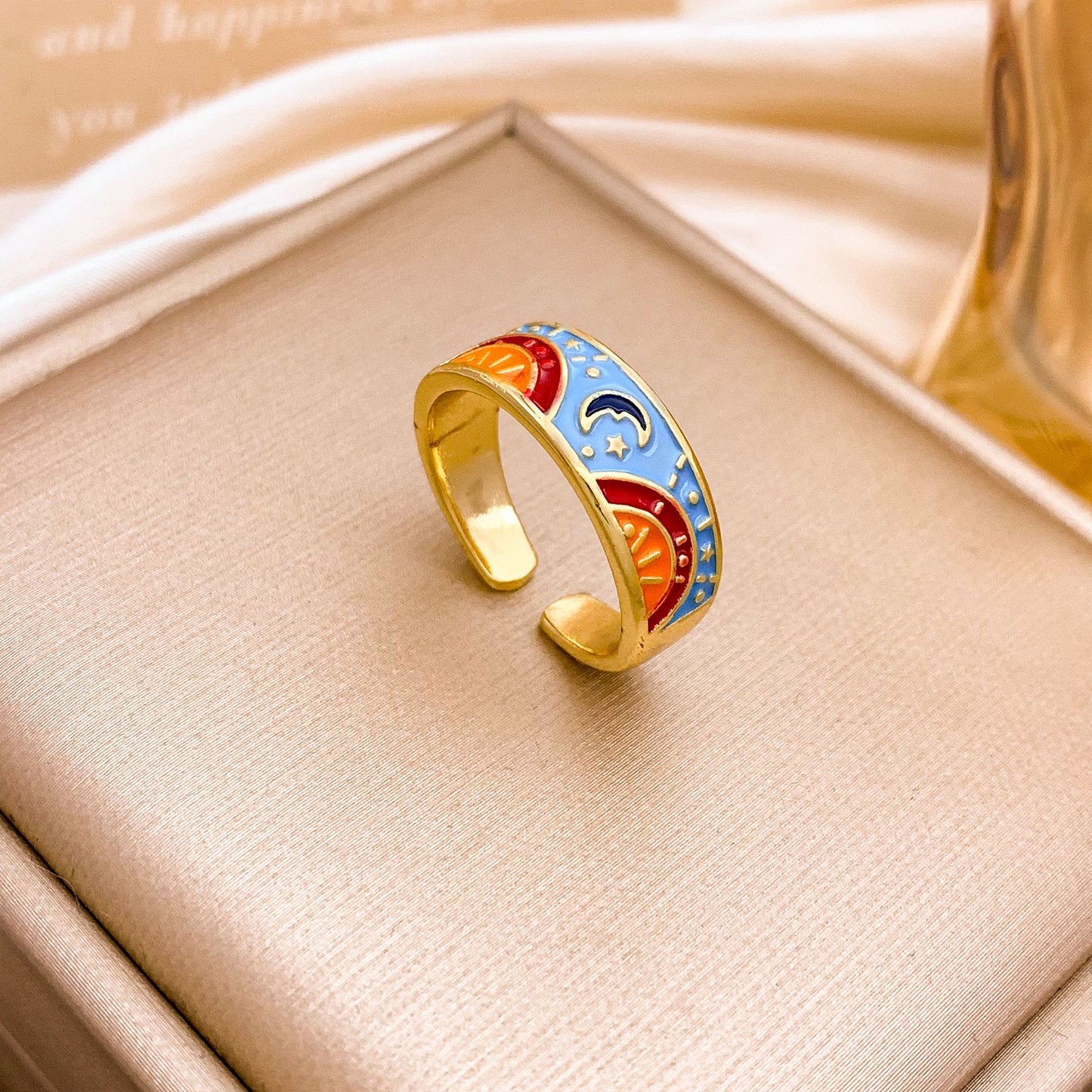 Sweet Minimalist Gold Plated Alloy Ring with Star Moon and Floral Design for Women