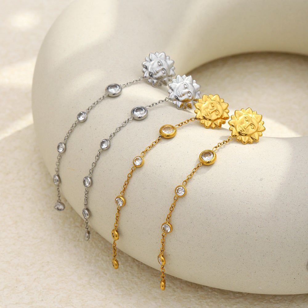 Minimalist 18K Gold Plated Stainless Steel Geometric Round Cubic Zirconia Sun Tassel Earrings