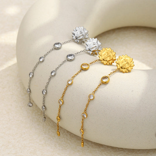 Minimalist 18K Gold Plated Stainless Steel Geometric Round Cubic Zirconia Sun Tassel Earrings