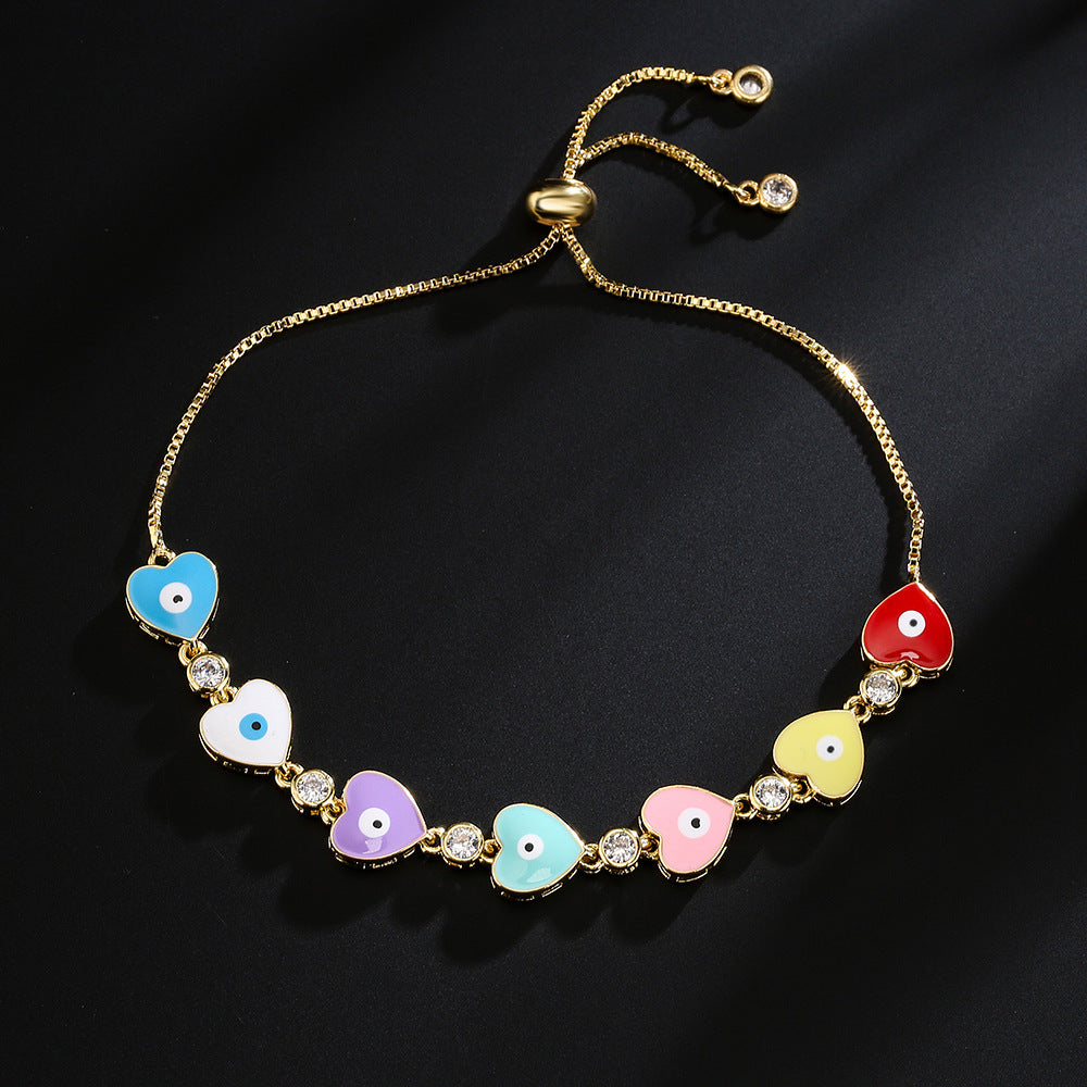Bracciale in Rame Geometrico Stile INS Carino con Placcatura in Oro 18K, Zirconi Micro-Incastonati, Ciondolo Occhio a Cuore in Smalto per Donna