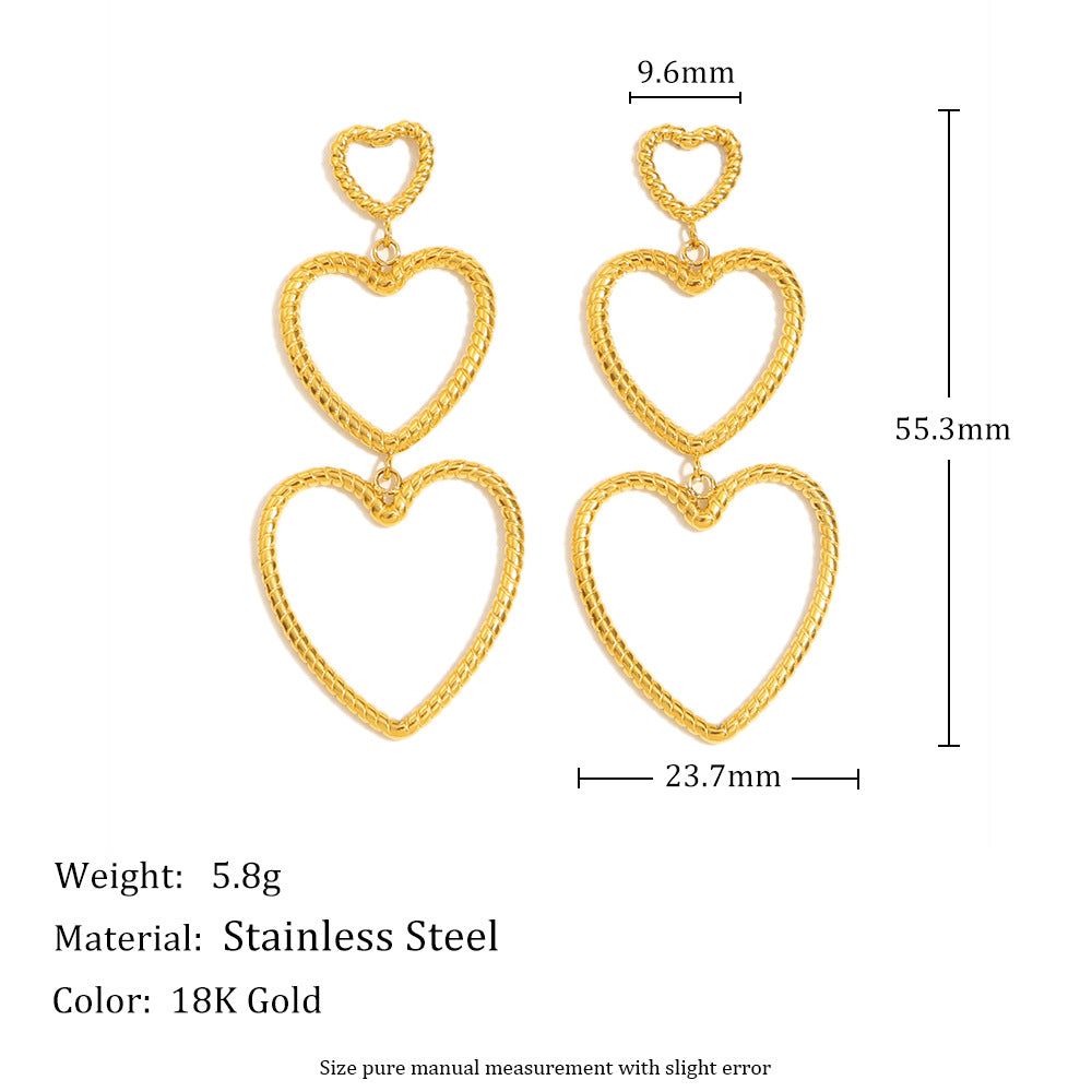 Orecchini a cerchio doppio a tre cuori con texture a pelle di serpente placcati oro 18K in acciaio inossidabile, stile minimalista, per pendolari