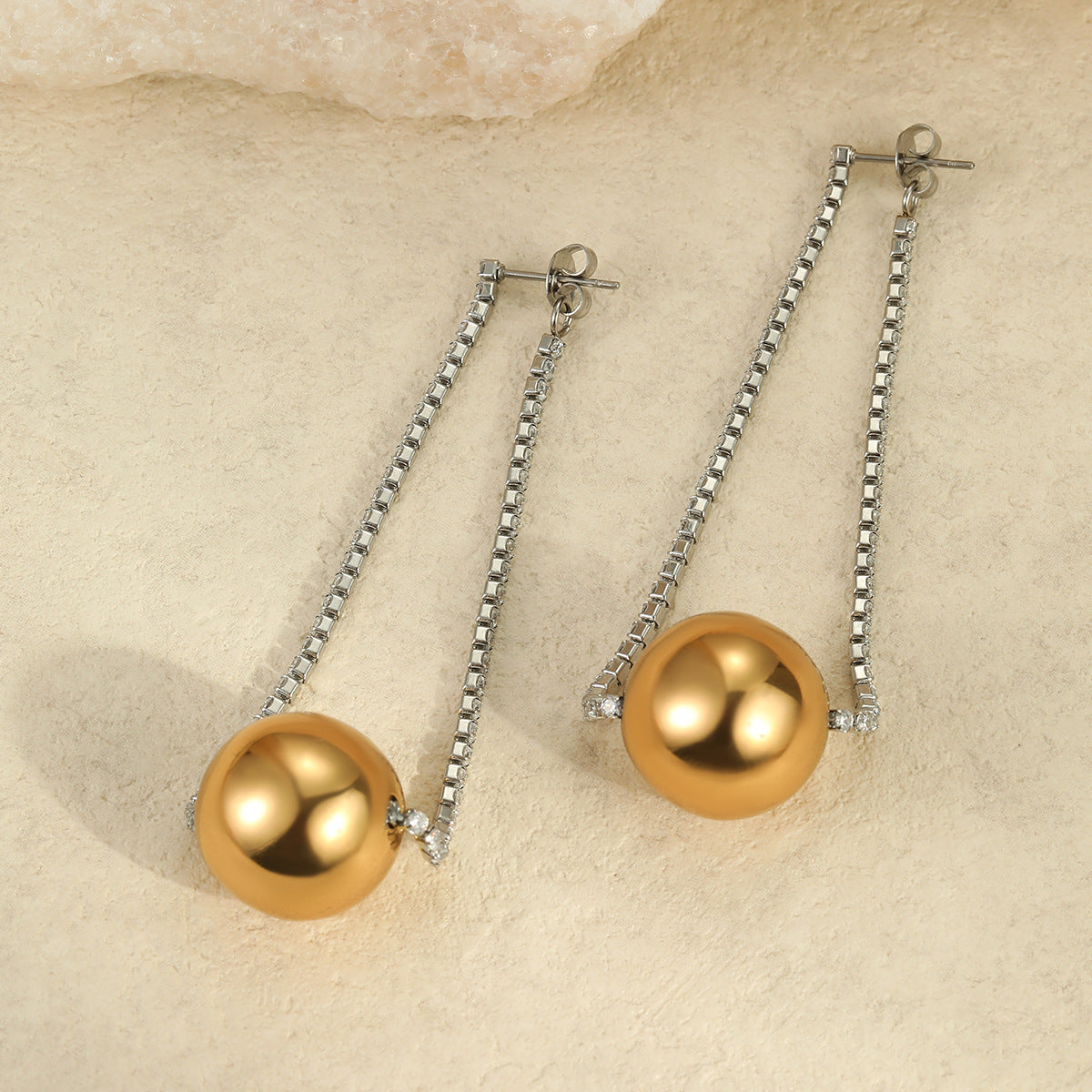 Minimalist Geometric Stainless Steel Rhinestone-Embellished Chain Earrings for Women