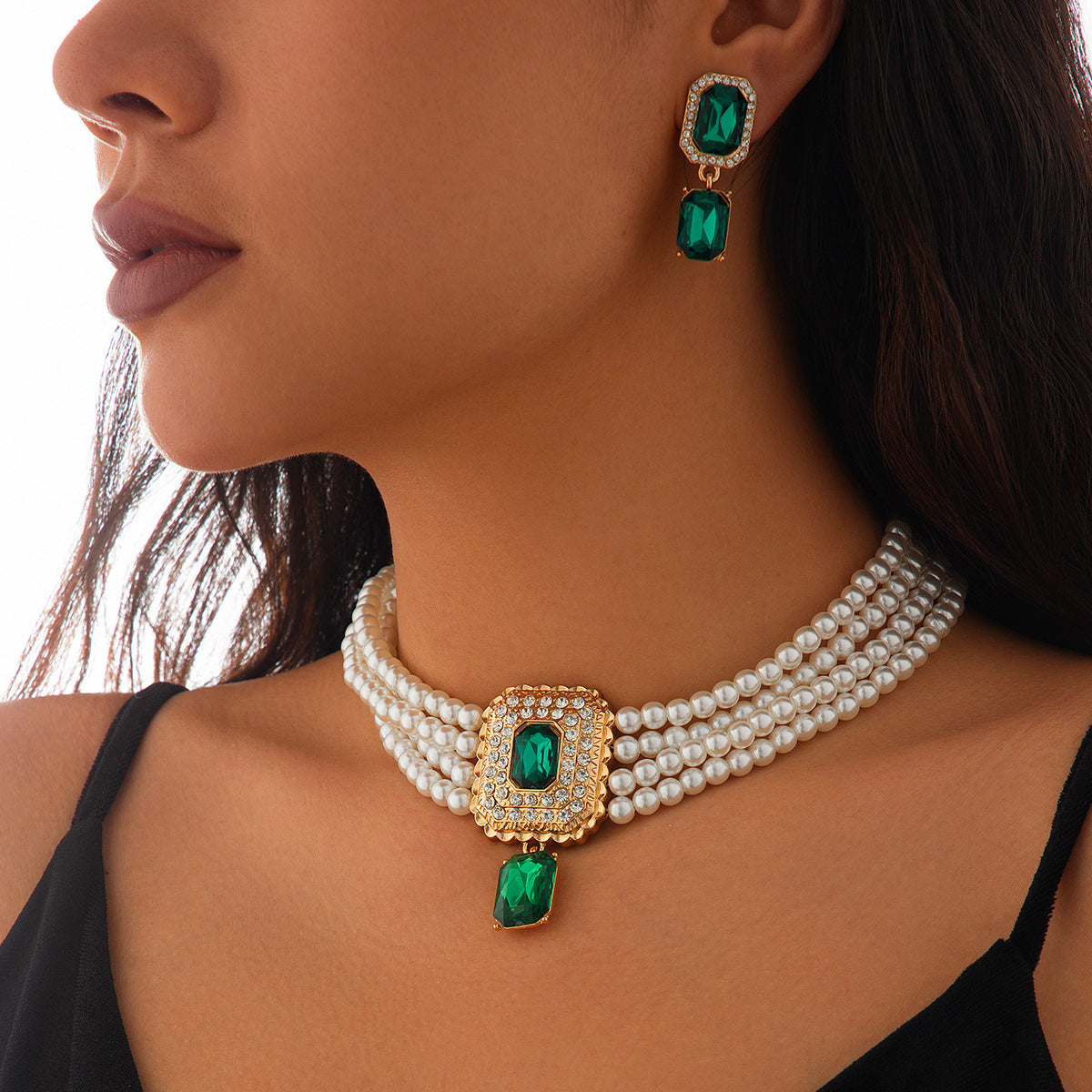 Luxury Multi-Layer Geometric Imitation Pearl Necklace and Earring Set with Triangle and Heart Charms for Women