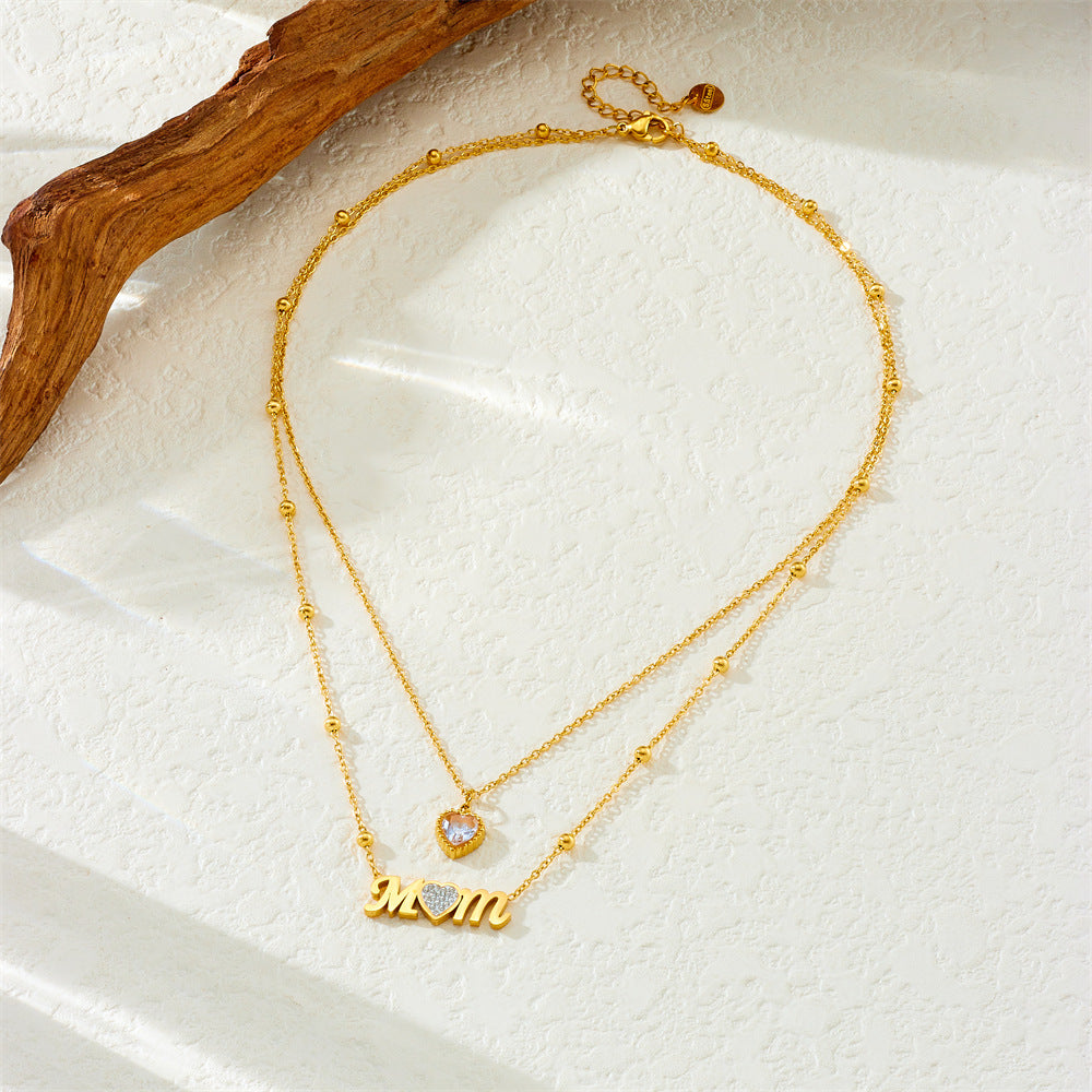 Minimalist Elegant Heart Letter MOM Rhinestone Inlay Stainless Steel Necklace Cable Chain Layered