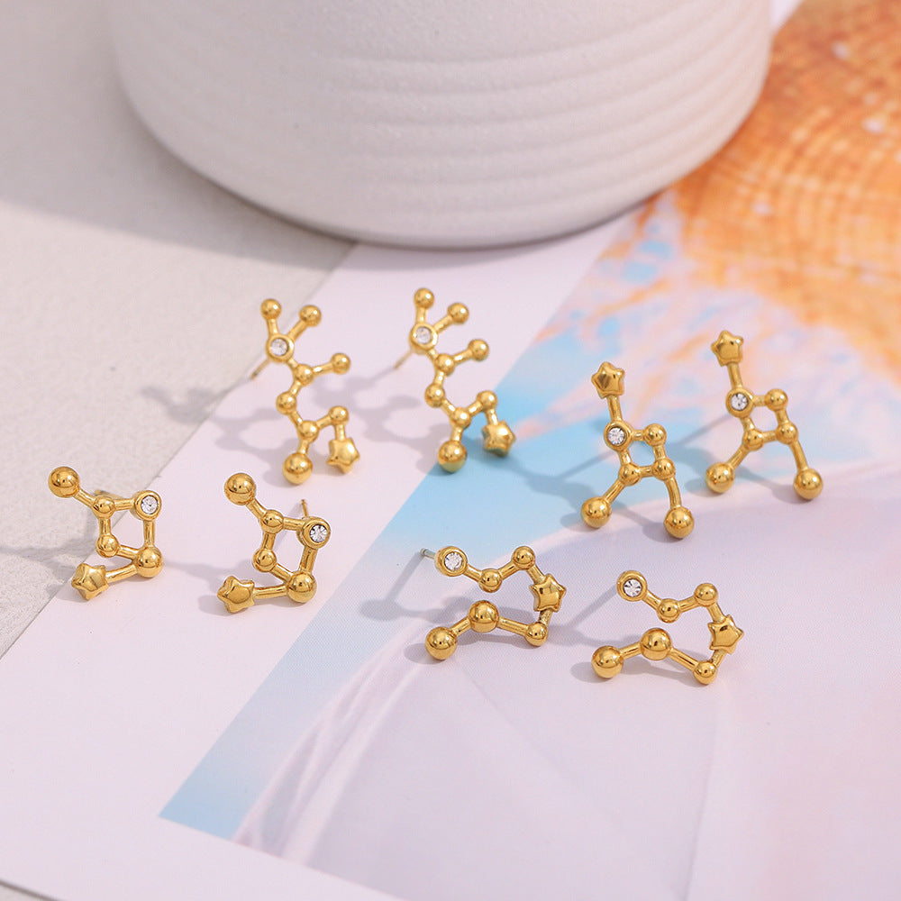 Pendientes de Constelaciones del Zodíaco de Moda en Acero Inoxidable con Baño de Oro de 18K y Detalles de Pedrería