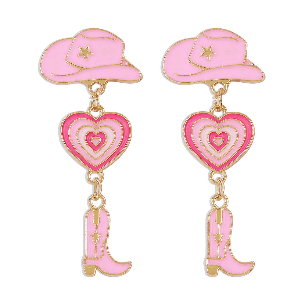 Pendientes Geométricos de Aleación Dulces y Atrevidos con Acabado de Esmalte en Forma de Sombrero de Vaquero y Bota con Corazón