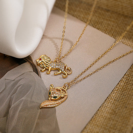 Collana pendente con animali minimalista con motivi di leone e volpe in rame dal design geometrico da donna