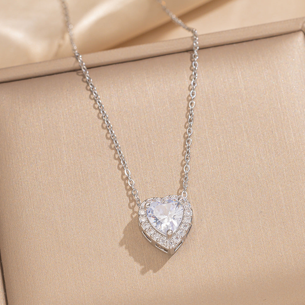 Luxury Minimalist Heart-Shaped Zirconia-Set Titanium Steel Necklace Set for Women with Earrings and Bracelet