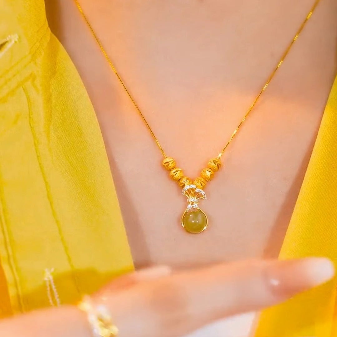 Original Design Irregular Shape Copper Plated Gold Green Lucky Bag Pendant Necklace for Women with Titanium Steel O-Chain