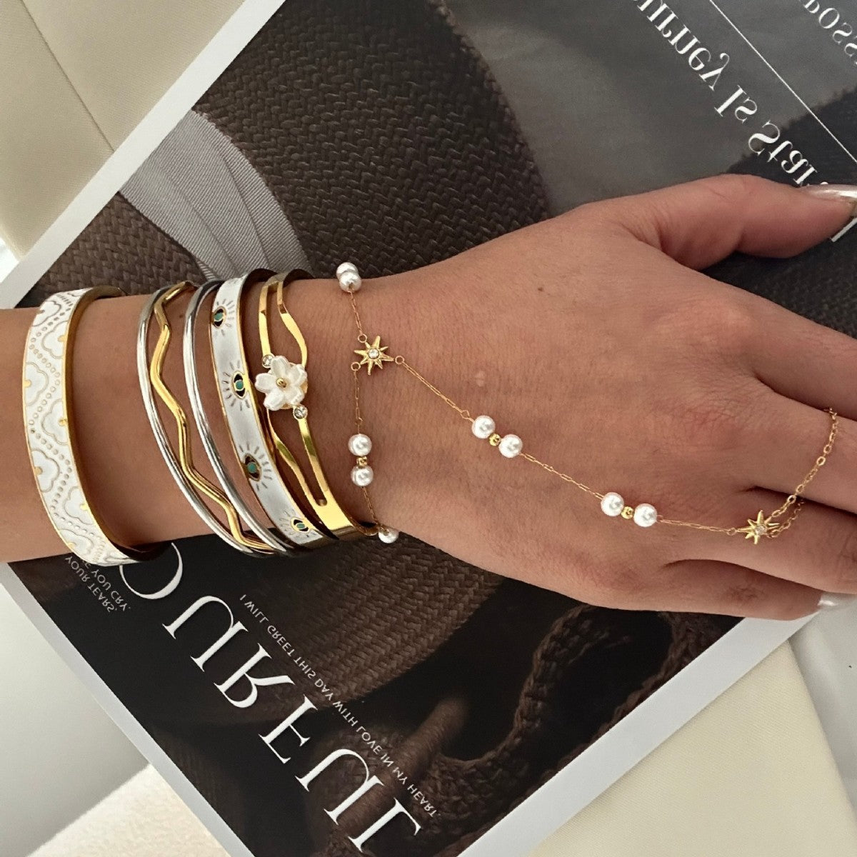 Elegante Bracciale a Maglie con Perle e Stella in Acciaio Inossidabile Placcato da Donna