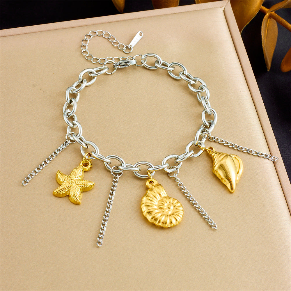 Bracciale unico in acciaio inossidabile color-block con ciondoli a forma di ape, fiore, stella marina e ciliegia