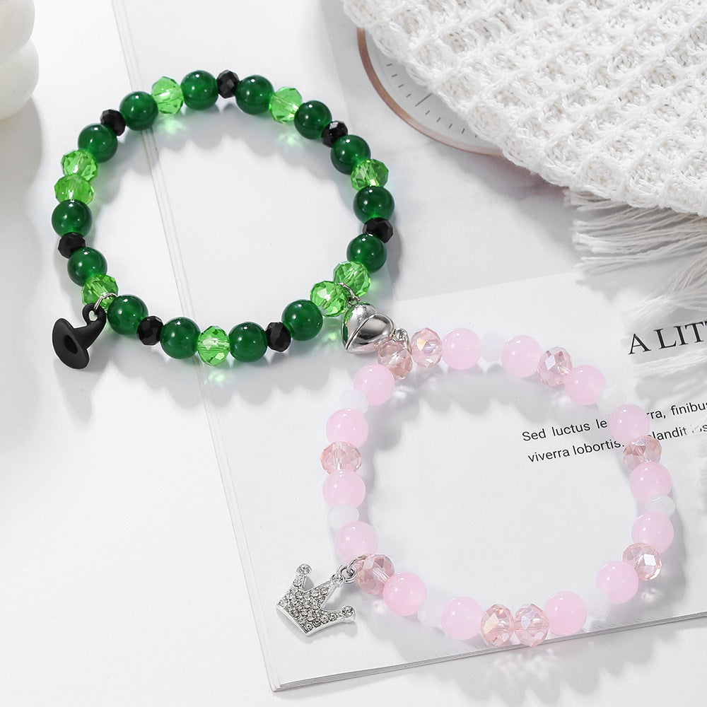 Geometric Heart Beaded Bracelet with Rhinestone Inlay and Magnetic Clasp for Unisex