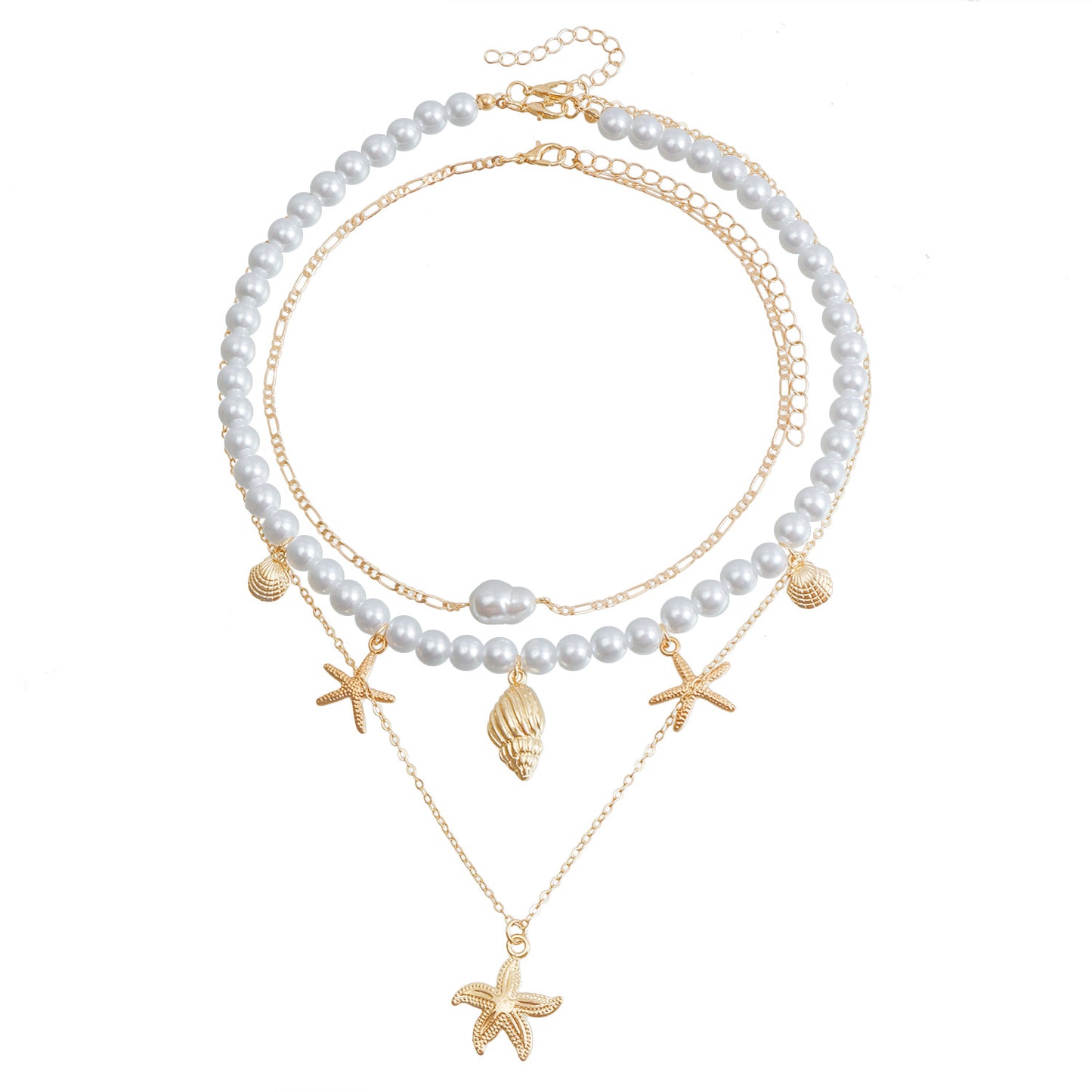 Collana bohémien da spiaggia con perline, ciondolo a stella e geometrico, perle imitation e lega, finitura galvanizzata, design asimmetrico irregolare, catena da donna per la clavicola