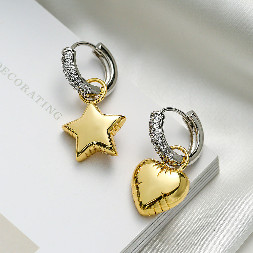 Orecchini da donna in zircone a forma di stella e luna asimmetrici minimalisti in rame con design geometrico