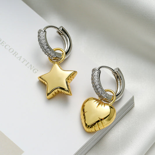 Orecchini da donna in zircone a forma di stella e luna asimmetrici minimalisti in rame con design geometrico