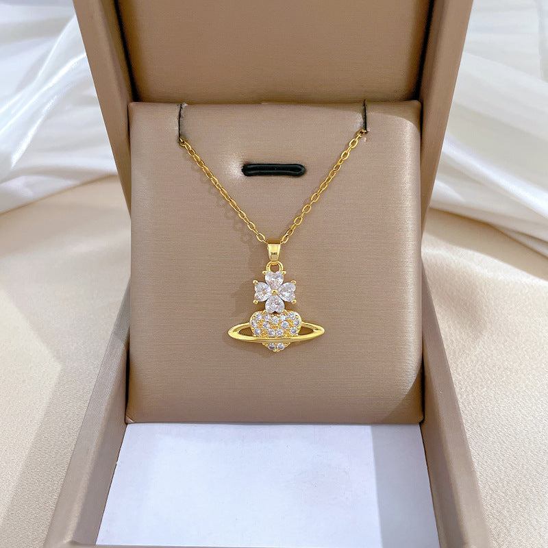 Collar de acero de titanio geométrico minimalista de lujo con incrustaciones de diamantes de imitación para mujer
