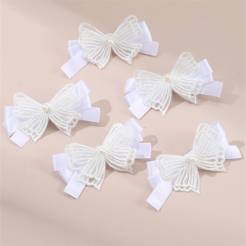 Set de Pinzas de Pelo con Lazos Bordados de Organza Blanca Minimalista para Niñas con Detalles de Perlas