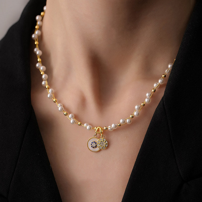 Collar de Perlas con Forma de Estrella y Circonitas, Chapado en Oro de Lujo para Mujer, Elegante Cadena de Clavícula con Colgante de Aleación y Diseño Geométrico