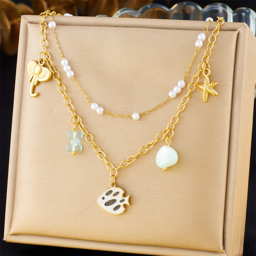 Sweet Ocean-Inspired Stainless Steel Double Layer Necklace with Seashell and Star Pendant for Women