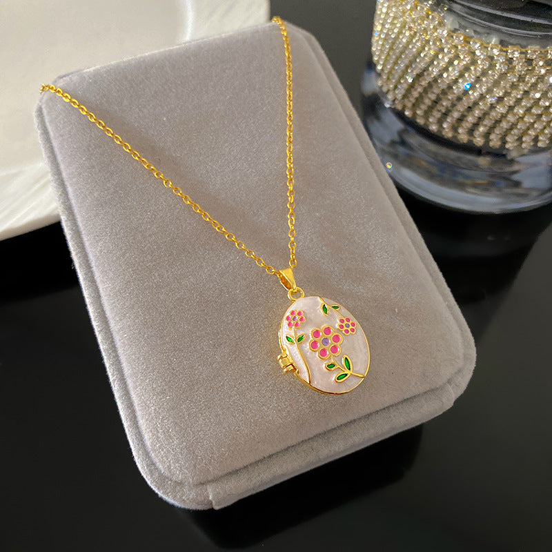 Vintage Drip Oil Floral Heart Oval Pendant Gold Plated Brass Necklace for Women