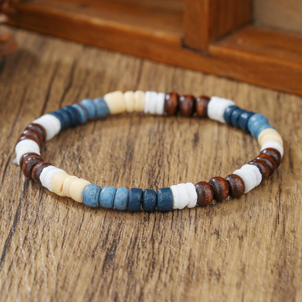 Bohemian Geometric Handmade Wood Coconut Shell and Shell Bead Bracelet for Unisex