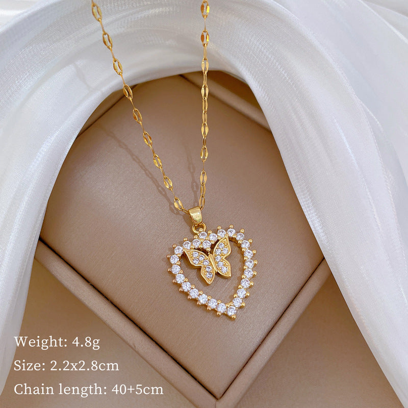 Luxury Minimalist Sweet Geometric Rhinestone Pendant Necklace for Women Titanium Steel O-Chain