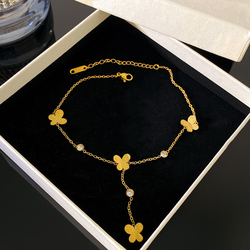 Minimalist Gold Plated Titanium Steel Heart Butterfly Rhinestone Anklet with Tassel