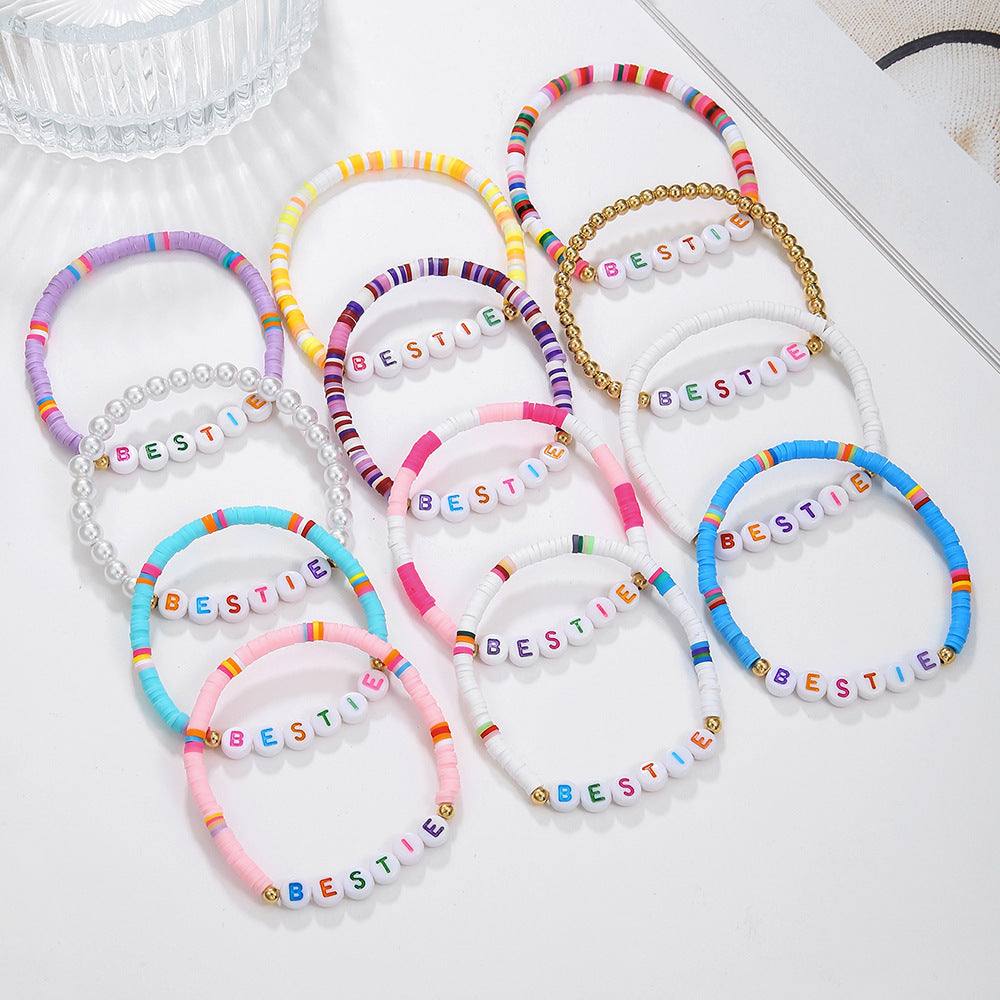 Bohemian Colorful Resin Letter Beaded Bracelet with Brass Accents