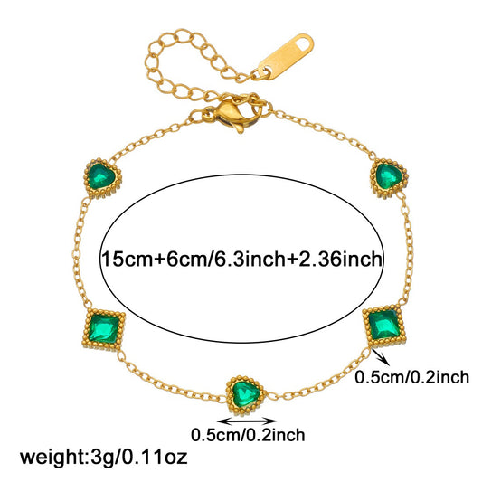 Geometric Square Heart Rhinestone Plated Stainless Steel Bracelet for Women
