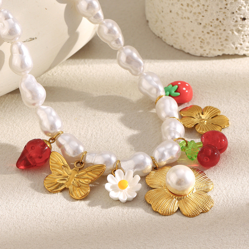 Baroque Floral Butterfly Pendant Necklace for Women in Stainless Steel with 18K Gold Plating and Simulated Pearl Accents