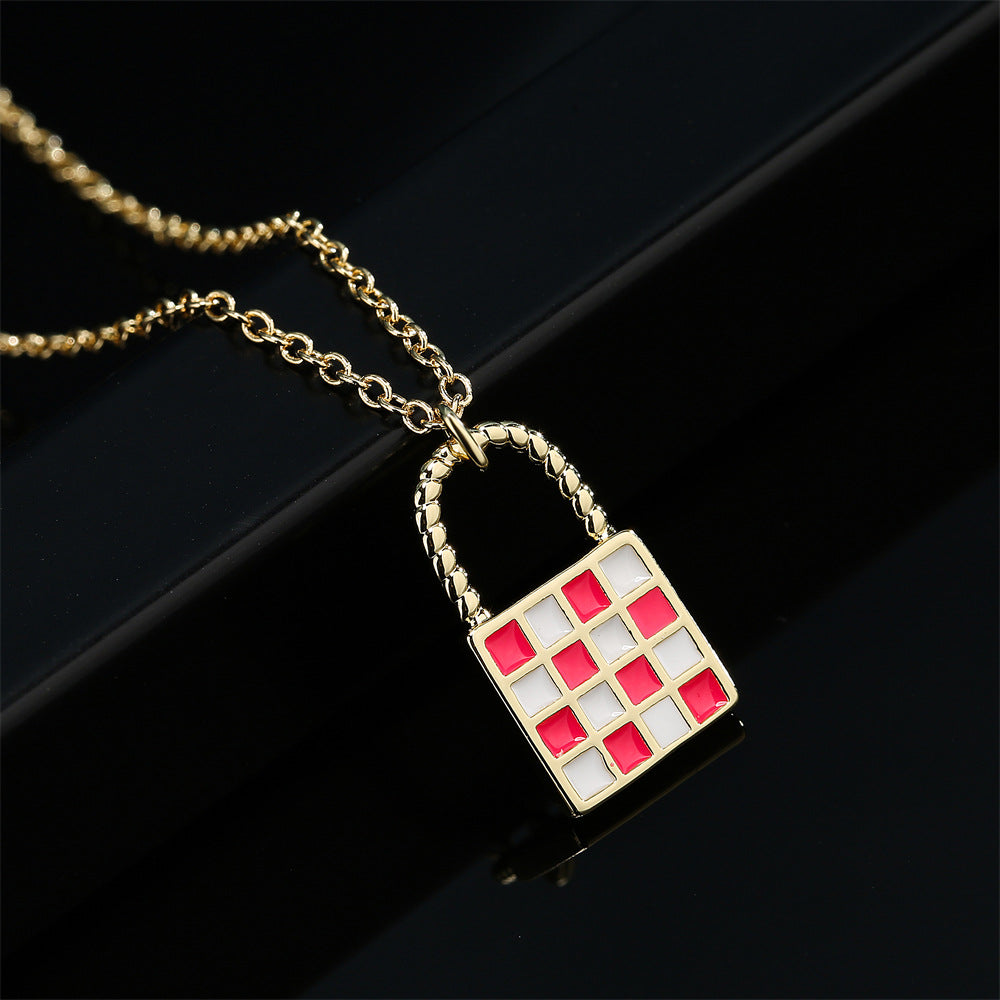 Minimalist Geometric Chessboard Pattern Gold Plated Copper Pendant Necklace